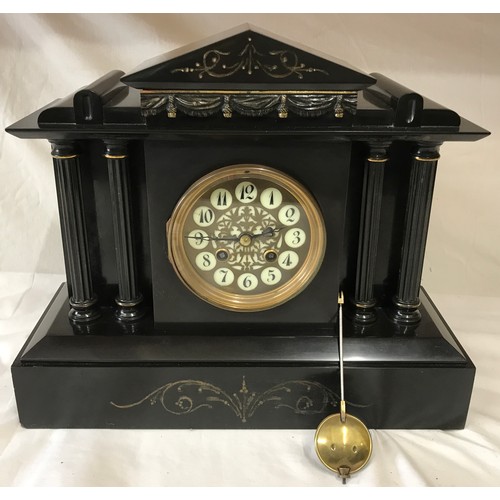 810 - French black slate mantel clock 30.5cms h x 36cms w, 14.5cms deep.