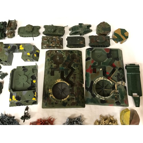 680 - Plastic military toy collection to include various soldiers, tanks, gun emplacement bases and trucks... 