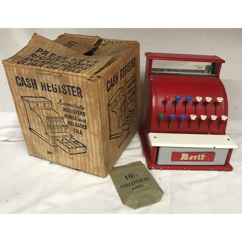 685 - Merit tinplate cash register with original box 19cms h x 17cms w x 19cms d.