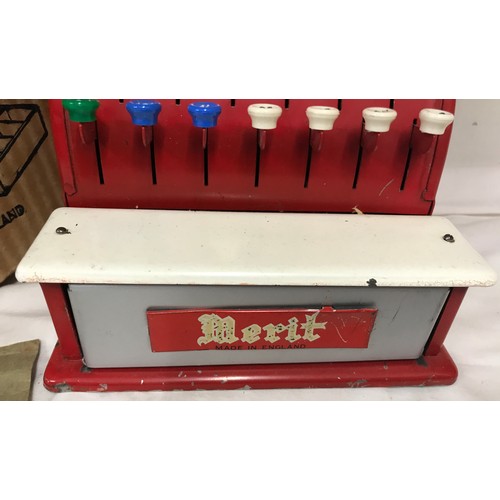 685 - Merit tinplate cash register with original box 19cms h x 17cms w x 19cms d.