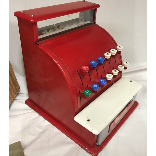 685 - Merit tinplate cash register with original box 19cms h x 17cms w x 19cms d.