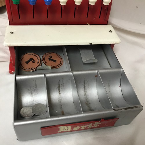 685 - Merit tinplate cash register with original box 19cms h x 17cms w x 19cms d.