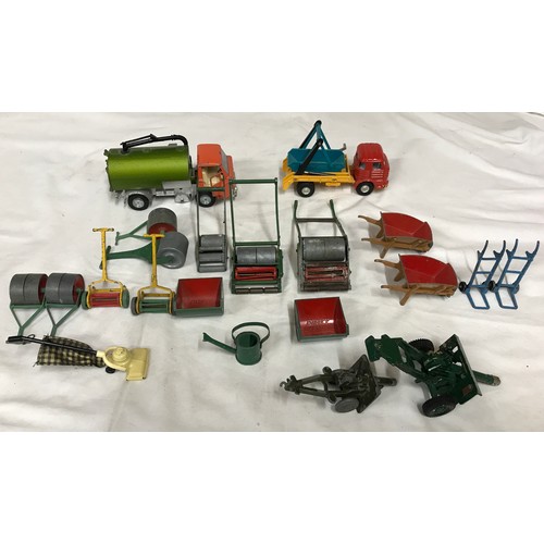 689 - Dinky diecast garden equipment, grass cutters, rollers, wheelbarrows, sack barrows, Dinky Johnston r... 