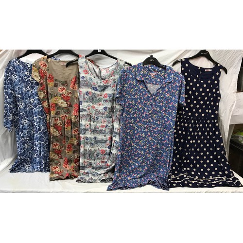 486 - Five Cath Kidston dresses size 14, four floral pattern, 1 blue and white polka dot.