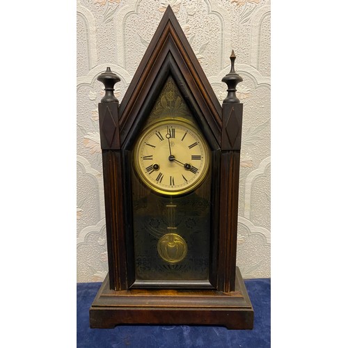 814 - A 19thC mantle clock, etched glass to front. Junghans. 53 h x 28cm w.