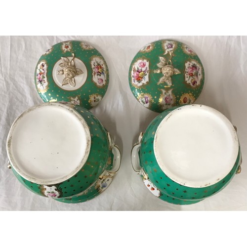 33 - A pair of large 19thC continental ice pails with floral panels on a emerald green and gold backgroun... 