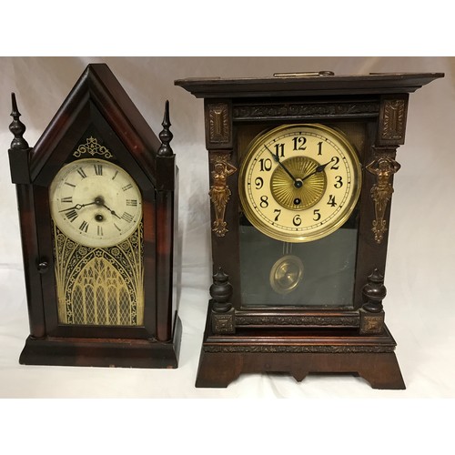 817 - Two mantel clocks one Jerome & Co American clock, Gothic style, roman numerals 39cms h, max base wid... 