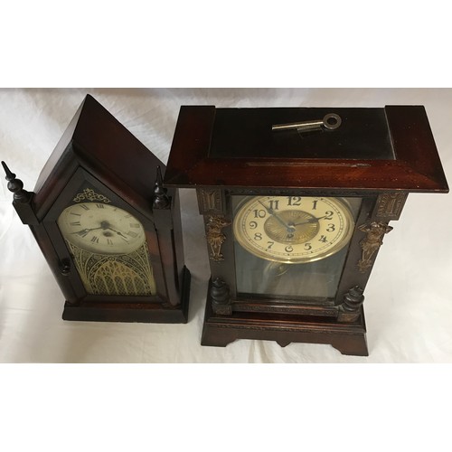 817 - Two mantel clocks one Jerome & Co American clock, Gothic style, roman numerals 39cms h, max base wid... 