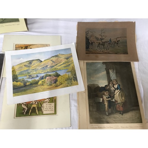 864 - Selection of unframed prints, various subjects. Cries of London, The Sailors Dream, humorous cricket... 