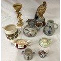 A mixed lot of ceramics to include a eagle on wooden stand 30cms h, 6 x jugs by Portmeirion, Crown D... 
