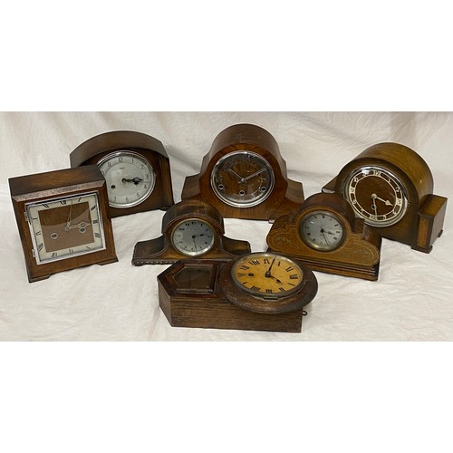 823 - Seven clocks six of which are mantel and one small wall mounted. Four clocks believed to be in worki... 