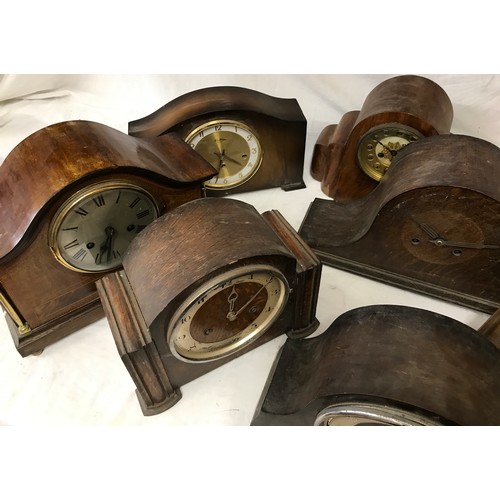 829 - Nine wooden mantel clocks 5 clocks complete and 4 with movements. Repairs/spares.