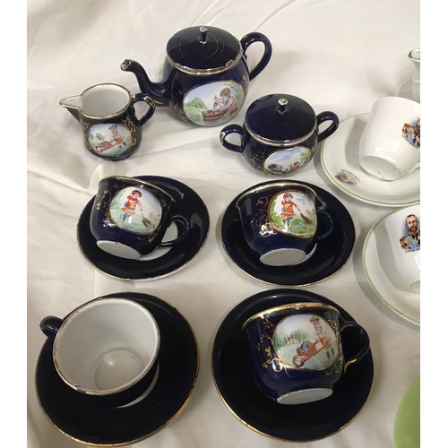 62 - Five assorted children's part tea sets, enameled tinplate blue set, 11 pieces, King George V commemo... 