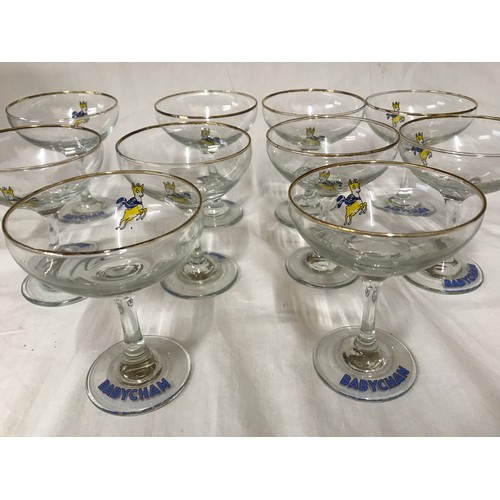 302 - A collection of 10 Babycham glasses. 11cm h.