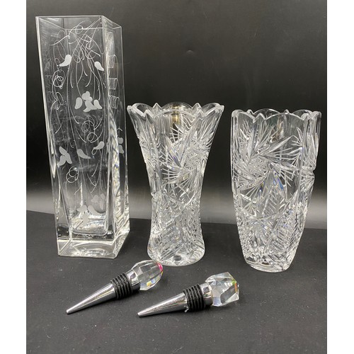 306 - Cut glass to include 3 x vases, tallest 20cm h, a basket 17cm h, bowl 23cm d together with a tall et... 