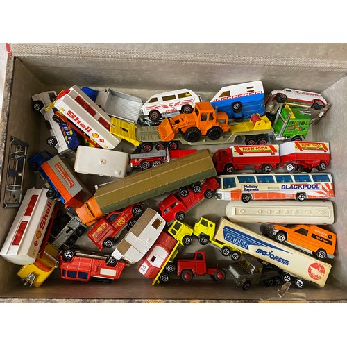 708 - Selection of toys to include a box of Majorette lorries, vans, tankers, camper van, caravan etc, a b... 