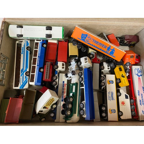 708 - Selection of toys to include a box of Majorette lorries, vans, tankers, camper van, caravan etc, a b... 