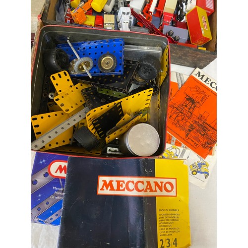 708 - Selection of toys to include a box of Majorette lorries, vans, tankers, camper van, caravan etc, a b... 