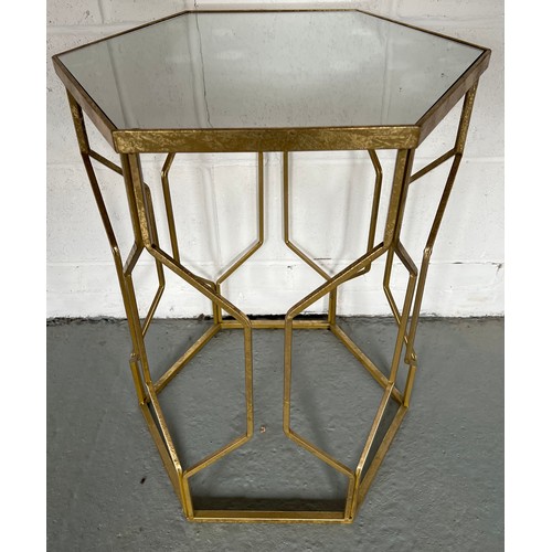 1219 - A metal framed hexagon side table with mirror top. Top 45cm d x 85cm h.