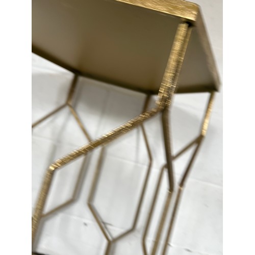 1219 - A metal framed hexagon side table with mirror top. Top 45cm d x 85cm h.