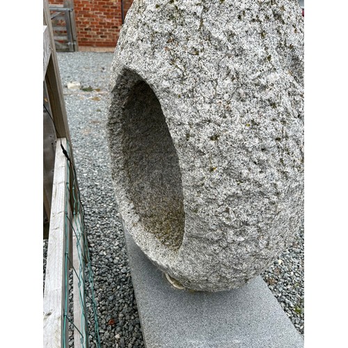 1363 - A quartz/ granite egg shaped garden sculpture on stand with internal light. 144 cm h on stand. 97cm ... 