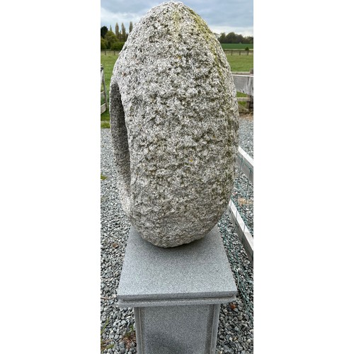 1363 - A quartz/ granite egg shaped garden sculpture on stand with internal light. 144 cm h on stand. 97cm ... 