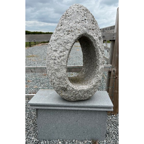 1363 - A quartz/ granite egg shaped garden sculpture on stand with internal light. 144 cm h on stand. 97cm ... 