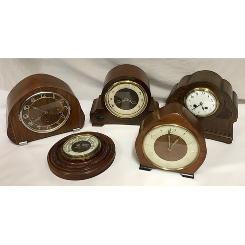 836 - A collection of 4 mid 20thC mantle clocks, 2 by Smiths of Great Britain together with a round wooden... 