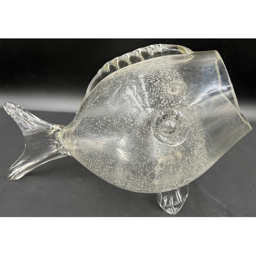 307 - A Blenko style clear fish art blown bullicante glass vase. Approx 43cm l.