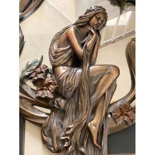 1353 - A 'Veronese' Art Nouveau style mirror of a seated lady and flowers. 70 x 46cm at widest  point.