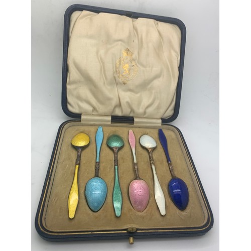 546 - Boxed set of six enamel and .925 silver spoons.