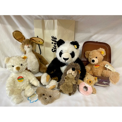 738 - Seven Steiff soft toys to include 3 with labels: 111471 Flynn, 022739 26 Weiss, 064296 Mansohli pand... 