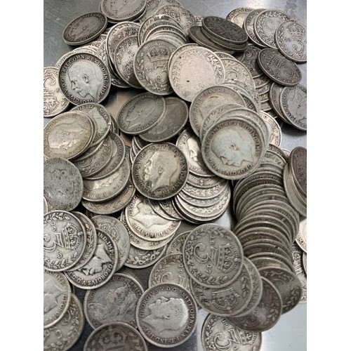 558 - A large quantity of pre 1920 silver  three pences, weight 236gm; plus a bag of 1920-1940 three pence... 