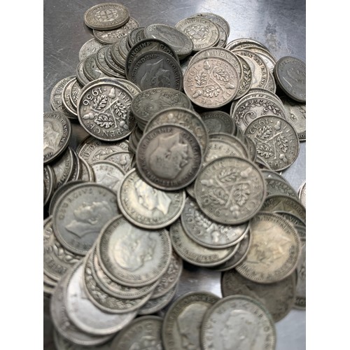 558 - A large quantity of pre 1920 silver  three pences, weight 236gm; plus a bag of 1920-1940 three pence... 