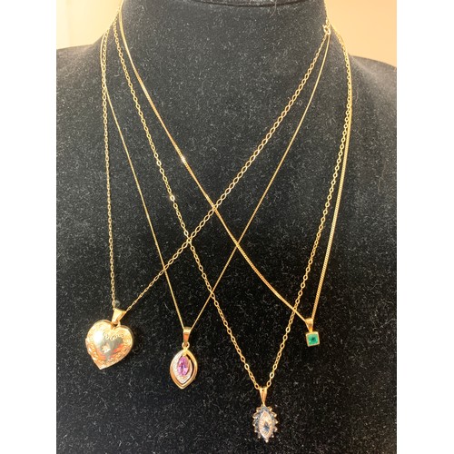 358 - Four 9ct gold chains with pendants to include emerald, amethyst, gold-plated heart and sapphire.