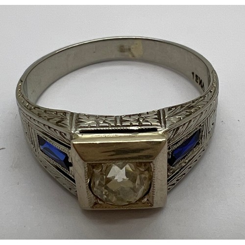 362 - An 18ct white gold diamond and baguette cut sapphire ring, size S, weight 6gm.