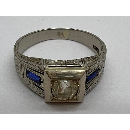 362 - An 18ct white gold diamond and baguette cut sapphire ring, size S, weight 6gm.