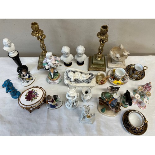 109 - Various ceramics to include; Dresden, Doulton, Sevres, Spode miniature candlesticks, Parian figures,... 