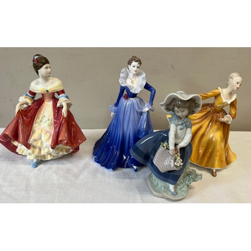 112 - Four porcelain figures to include Lladro Pretty Pickings', Royal Doulton 'Southern Belle', Coalport ... 