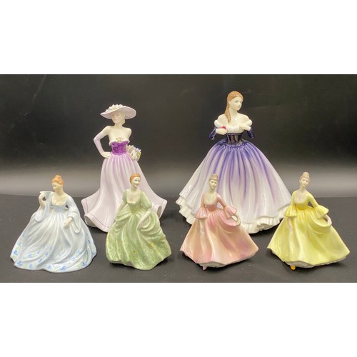 119 - Six fine bone china figurines comprising Coalport Ladies of Fashion 'Demetria' 19cm h, Coalport 'Jen... 