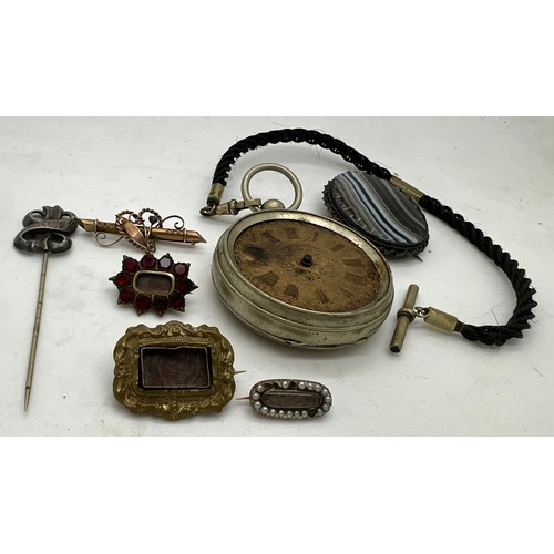 370 - A quantity of 19thC jewellery to include Georgian mourning brooches, banded agate brooch, John Forre... 