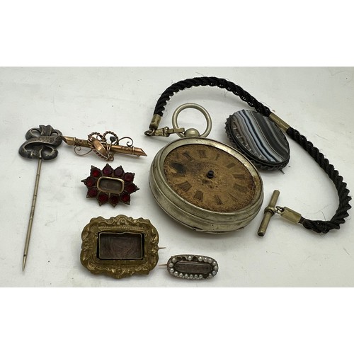 370 - A quantity of 19thC jewellery to include Georgian mourning brooches, banded agate brooch, John Forre... 