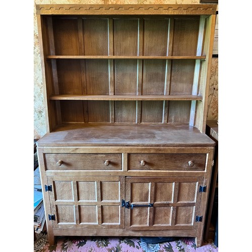 784 - Peter Heap Rabbitman oak Dresser raised back with open shelves, two drawers and cupboards under, and... 