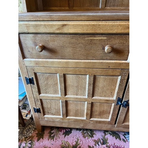 784 - Peter Heap Rabbitman oak Dresser raised back with open shelves, two drawers and cupboards under, and... 