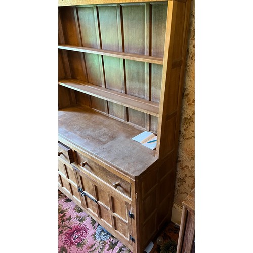 784 - Peter Heap Rabbitman oak Dresser raised back with open shelves, two drawers and cupboards under, and... 