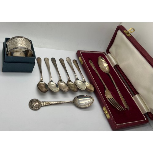 561 - Silver to include napkin ring maker Colen Hewer Cheshire, Birmingham 1876; 6 teaspoons Sheffield 193... 