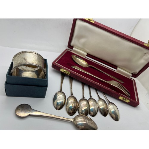 561 - Silver to include napkin ring maker Colen Hewer Cheshire, Birmingham 1876; 6 teaspoons Sheffield 193... 