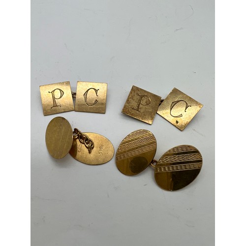 374 - Two pairs of 9ct gold cufflinks, P & C initials to one pair. 7.1gm.