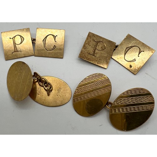 374 - Two pairs of 9ct gold cufflinks, P & C initials to one pair. 7.1gm.