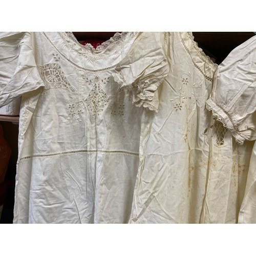 501 - Five Victorian lady's cotton night dresses (large) beautifully hand stitched and with lace decoratio... 